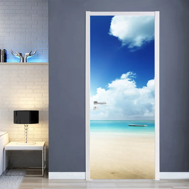 

Self adhesive Seascape beach Trees Natural Scenery 3d wallpaper door sticker porch landscape mural,wall papers home decor
