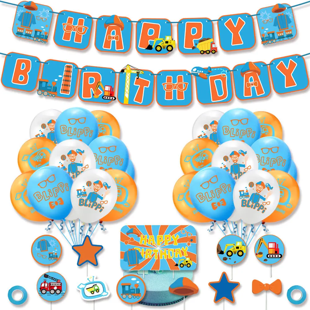 Blippi-Juego de decoraci&oacute;n para fiesta de cumplea&ntilde;os de ni&ntilde;os, Globos de aire para Baby Shower, pancarta de juguete, tarjeta de pastel, suministros de dise&ntilde;o para eventos-0