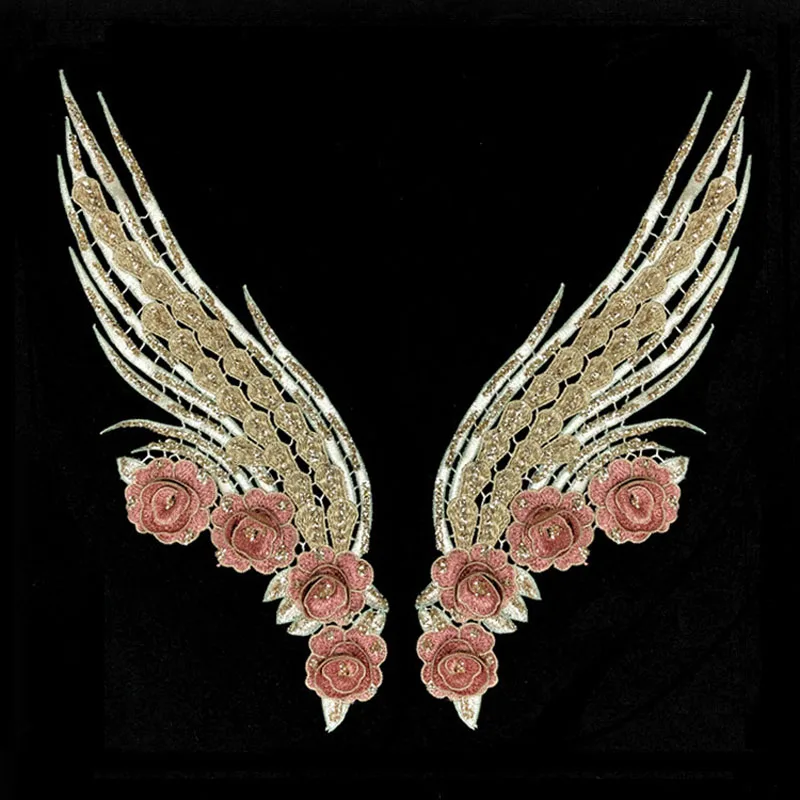

Fashion 2pcs/set wing flower embroidery Patches for clothes Retro vintage iron on patches floral appliques for clothing