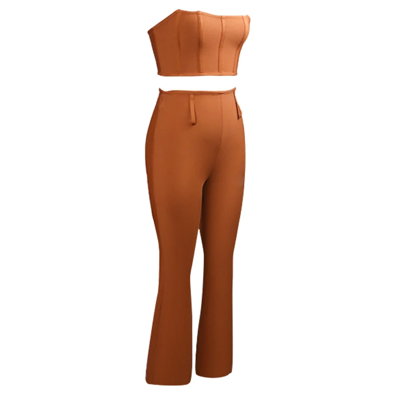 

2021 High Quality 2 Piece Set Brown Pant Top Bandage Bodycon Top & Pant Set Sexy Party Night Club Set Slim Women's