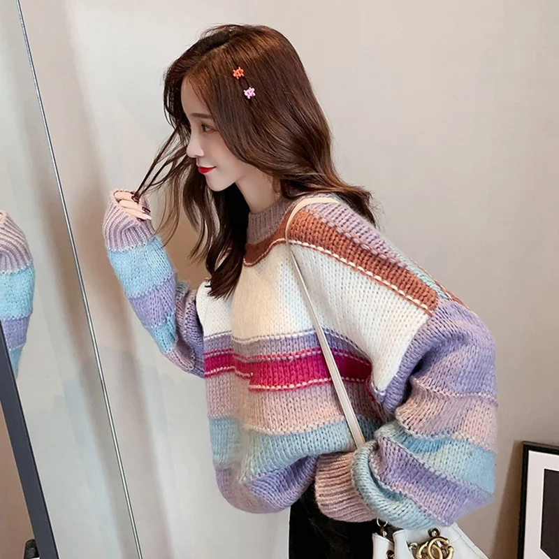 

Thick Sweater Women's Casual Long Sleeve Pullover 2020 Autumn Winter Color Striped Loose Knitted Top Fashion Sweet Outerwear
