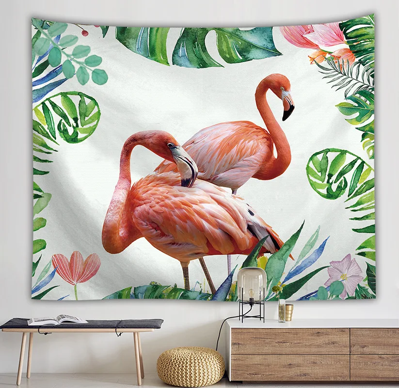 Настенный гобелен с рисунком фламинго тропические растения психоделические
