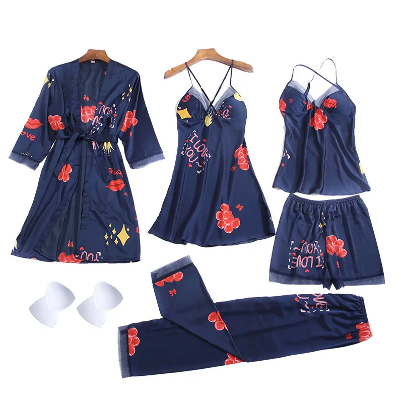 Пижамный комплект SIMISI женский из 5 предметов шелковая кружевная пикантная одежда