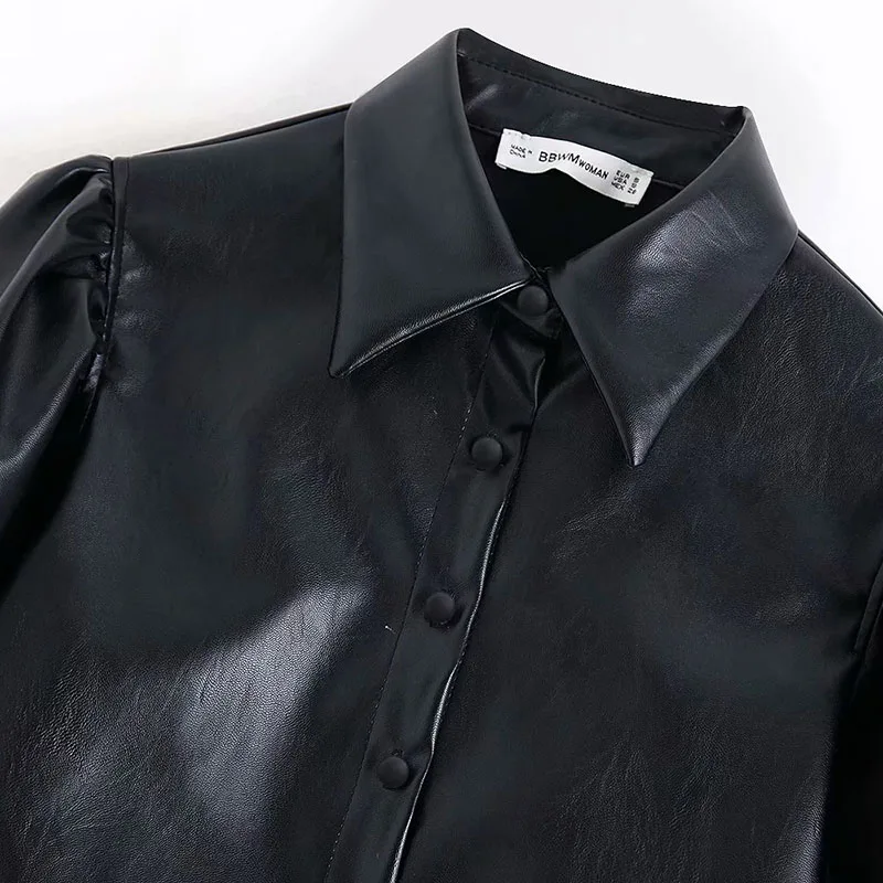 

Puff Sleeve Blouses Women Men Vintage Fashion Faux Leather Blouses Womens Turndown Collar Shirts Women Tops Elegant Buttons Tops