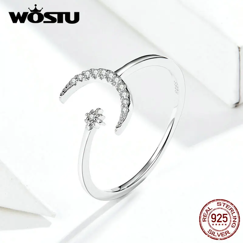 WOSTU Moon Свадебные Открытые Кольца Настоящее серебро 925 пробы для женщин сверкающий