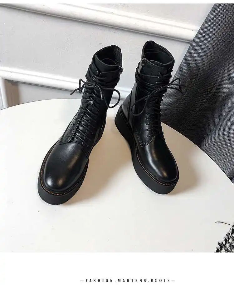 black cow leather Lenkisen/мотоботы из натуральной кожи с круглым носком на высоком каблуке с перекрестной шнуровкой; водонепроницаемые ботинки до середины икры черного цвета на толстой подошве; L83 - Цвет: black cow leather