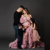 dusty pink bridal tulle maternity dresses off the shoulder ruffles birthday formal tulle dress women short sleeves tulle robes
