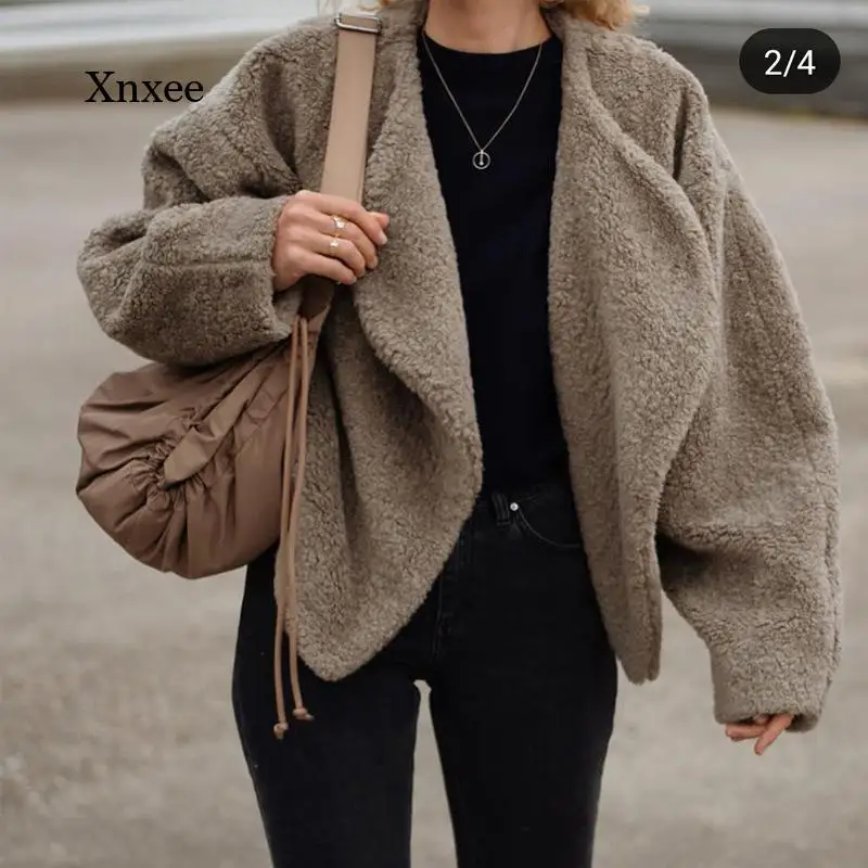 Lamb Plush Coat Faux Fur Cropped Jacket Lapel Collar Drop Shoulder Long Sleeves Outwear Fashion Woman Oversized Short Clothing