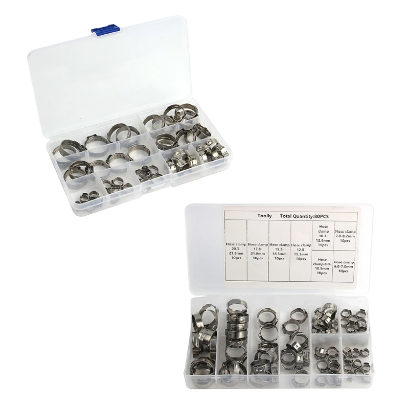

80 PCS multi-size stainless steel single ear hoop stepless hose clamp with pliers set American hose clamp combination