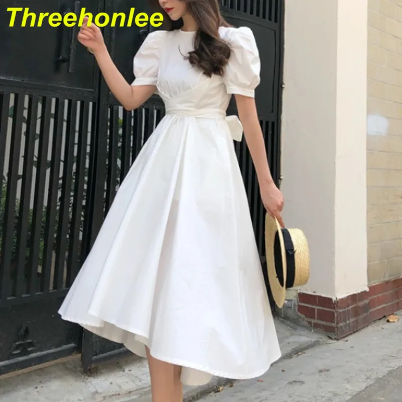 

Women Dresses 2021 Summer French Sweet Temperament Female Retro Yamamoto Puff Sleeve Fresh Cross Bow-Lace Vestidos