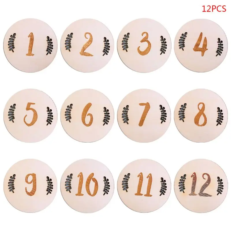 

New 12 Pcs/set Baby Milestone Card Vintage Leaf Numbers Engraved Wood Infants Bathing Gift Newborn Photography Props Set