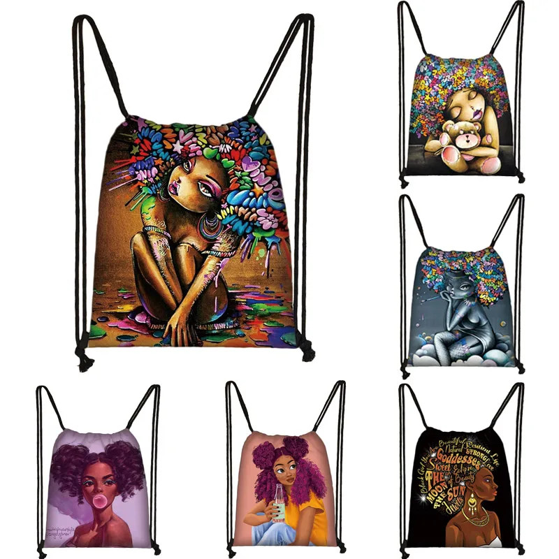 Сумка на шнурке с Африканской девушкой модный рюкзак черного цвета для учеников