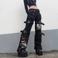 y2k streetwear punk style skull print black buckle gothic dark cargo pants harajuku high waist aesthetic straight denim trousers