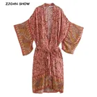 Кимоно женское в стиле бохо, длинная рубашка с цветочным принтом, в стиле хиппи, с бантом и поясом, длинный кардиган свободного покроя, праздничный Топ, осень