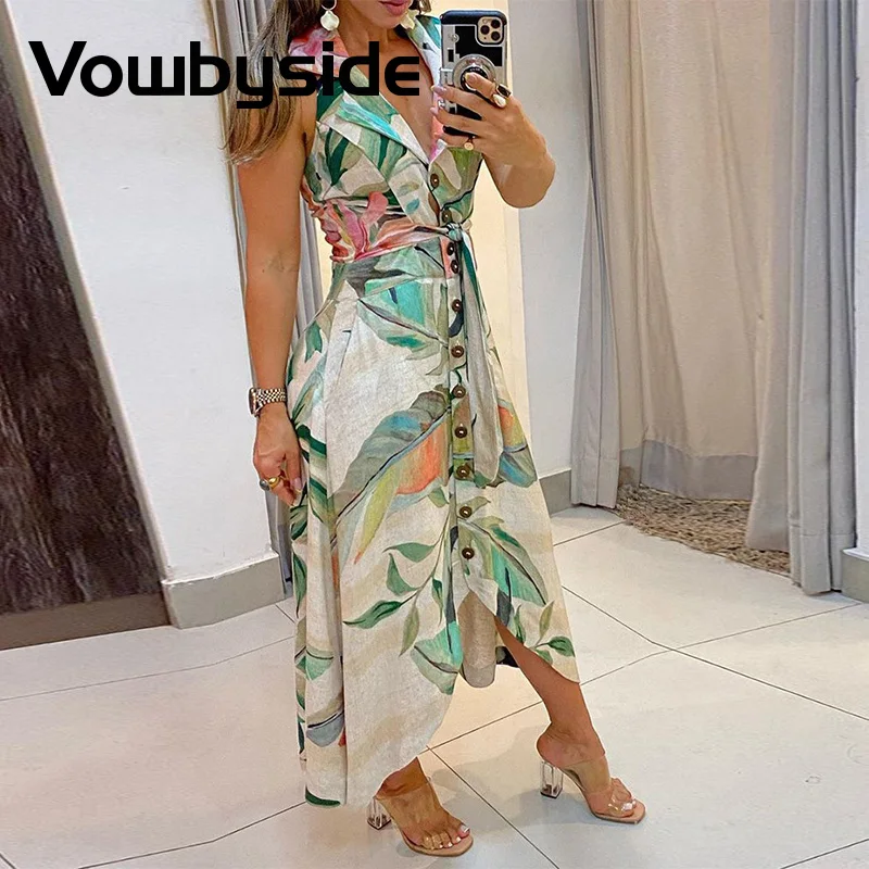 

Floral Print Button Design Halter Backless Maxi Dress Women Sexy Sleeveless Pocket Summer Dress