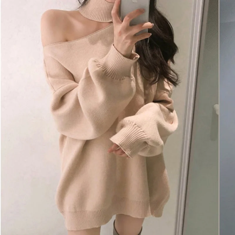 

JCHB вязаный свитер большого размера, Женская водолазка с лямкой на шее, вязаный зимний джемпер, корейский пуловер, одежда с открытыми плечами...