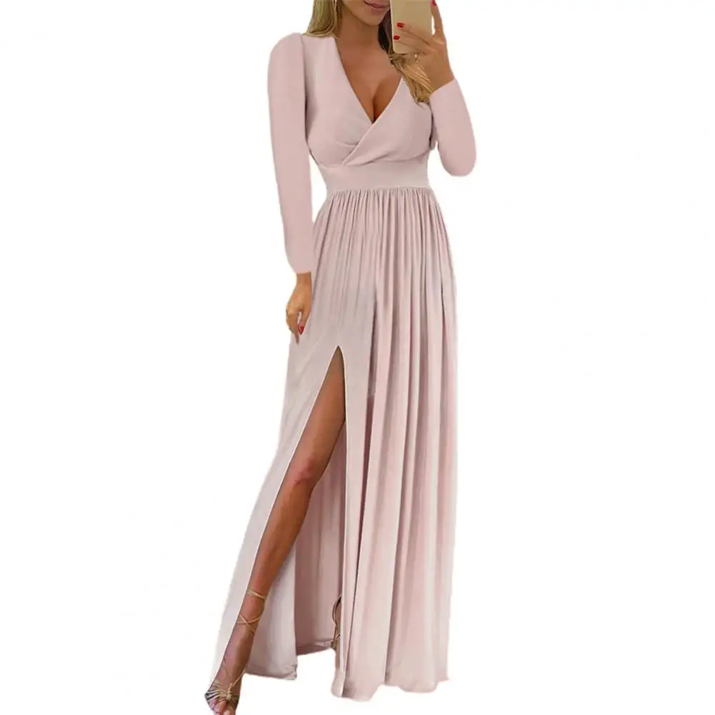 

Женское облегающее платье для офиса, однотонное платье с высоким разрезом и длинным рукавом, элегантное платье для свадебной вечеринки на о...