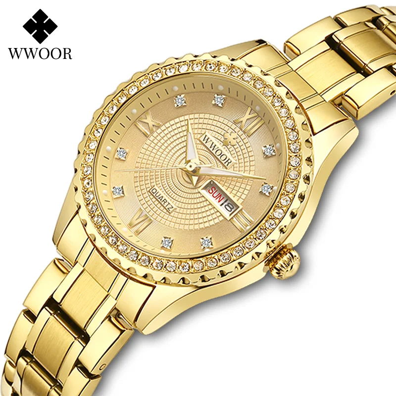 

Модные наручные часы WWOOR для женщин, дизайнерские Роскошные Кварцевые наручные часы, женские часы с золотым браслетом и бриллиантами, подарок для женщин