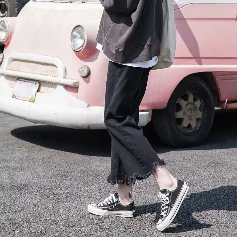 

Women Autumn Solid Color Loose Denim Wide Leg Loose Elastic High Waist Tie Straight Casual Pants