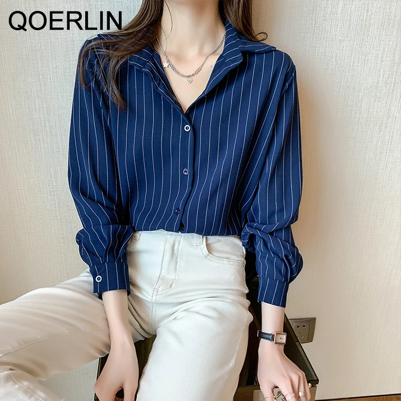 

QOERLIN 2021 Spring New Korean Striped Shirt OL Style Turn-Down Collar Full Sleeve Loose Workwear Shirt Plus Size Blouse S-2XL