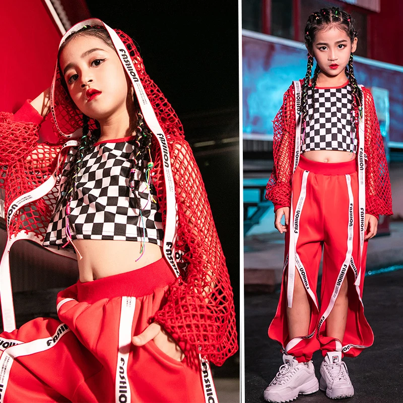 Новый костюм для джазовых танцев уличная одежда девочек красное Сетчатое пальто