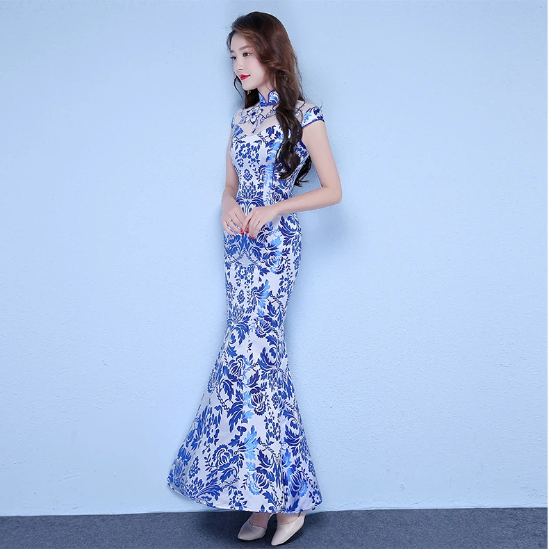 Женская Русалка Ципао с коротким рукавом Вечерние платья Модные Винтажные