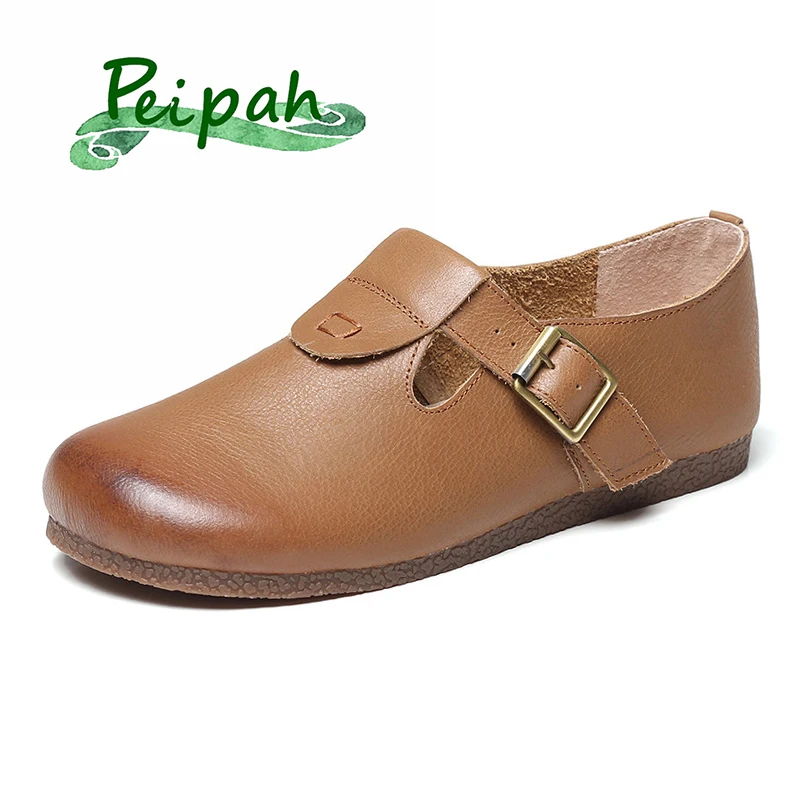 

PEIPAH Retro Genuine Leather Shoes Woman Buckle Strap Ballet Flats Female Casual Solid Loafers Ladies 2020 New Arrival Shoes