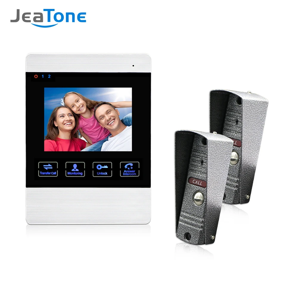 

Jeatone 4-дюймовый TFT проводной умный видео домофон, система внутренней связи с 1 монитором ночного видения + 2x1200TVL Водонепроницаемая камера двер...