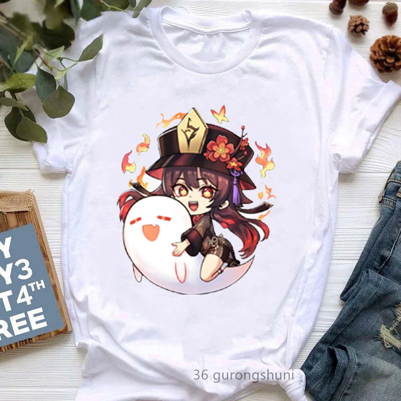 

Kawaii Genshin Impact Print T-Shirt Women Clothing 2022 Funny Japenese Anime Game Tshirt Femme Hu Tao Keqing T Shirt Female