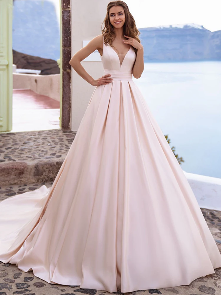 

Simple A Line Wedding Dress V Neck Sleeveless Backless vestido de noiva Satin Court Train Elegant Bridal Gown Robe de mariée