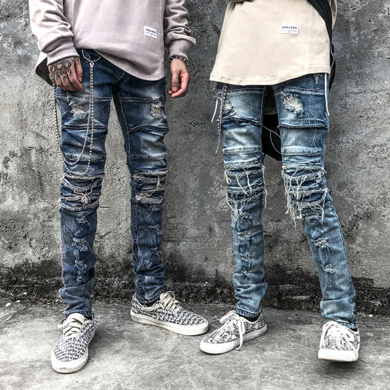 2021 Vibe Style Hole Ripped Punk Men Vintage Pencil Jeans Trousers Distressed Retro Washed Slim Beggar Denim Pants Moda Hombre