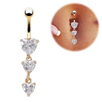 hot sales body piercing gold navel rings 3 heart crystal clear dangle belly button rings