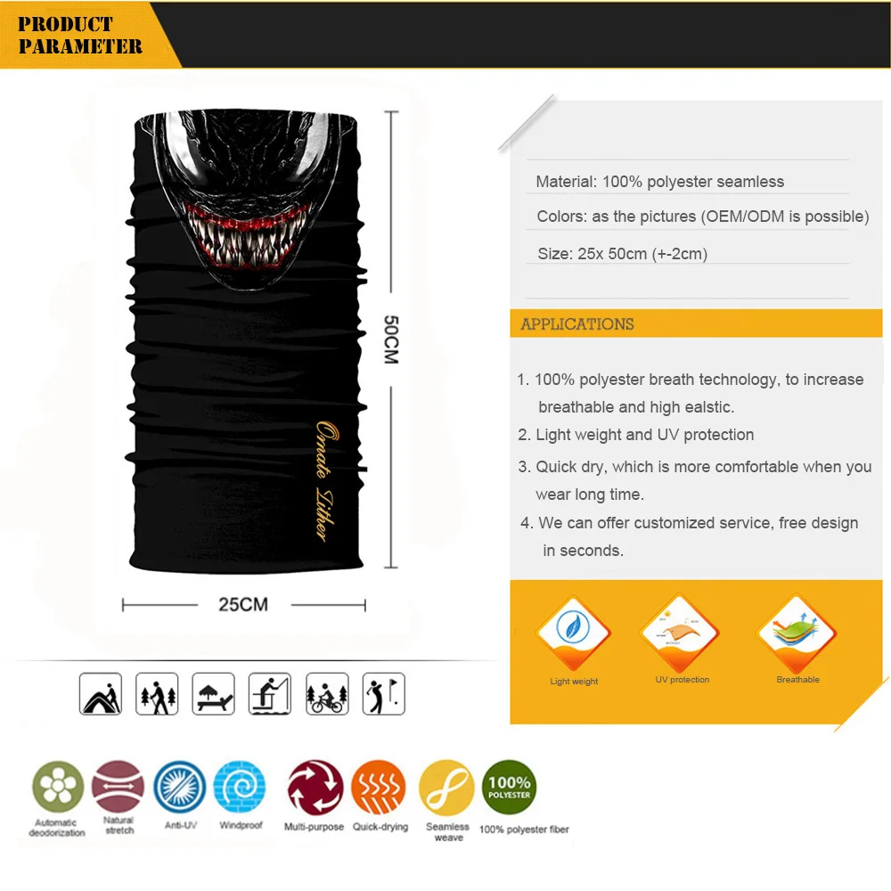 

Venom Bandana Scarf Braga Cuello Mask Mascarillas The Punisher Face Shield Bufanda Hombre Windproof Ski Balaclava Vendetta Tube