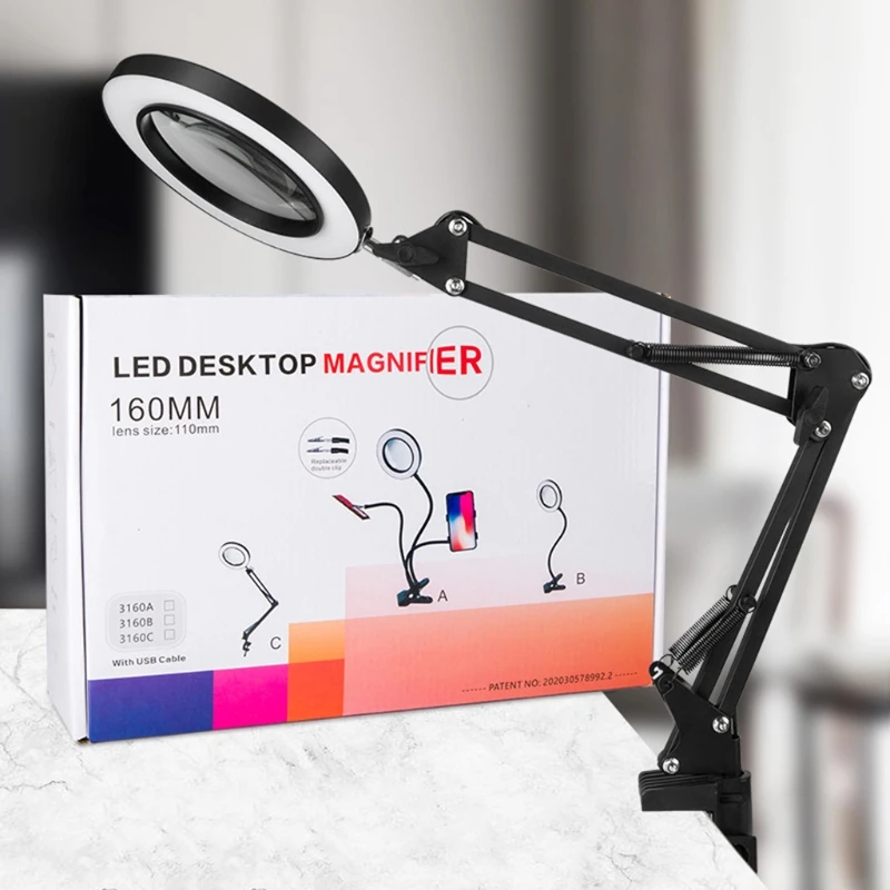 

Folding LED Magnifying Glass 6.30" Cantilever Desktop Repair Magnifier for Reading, Soldering and Craft Work X37E