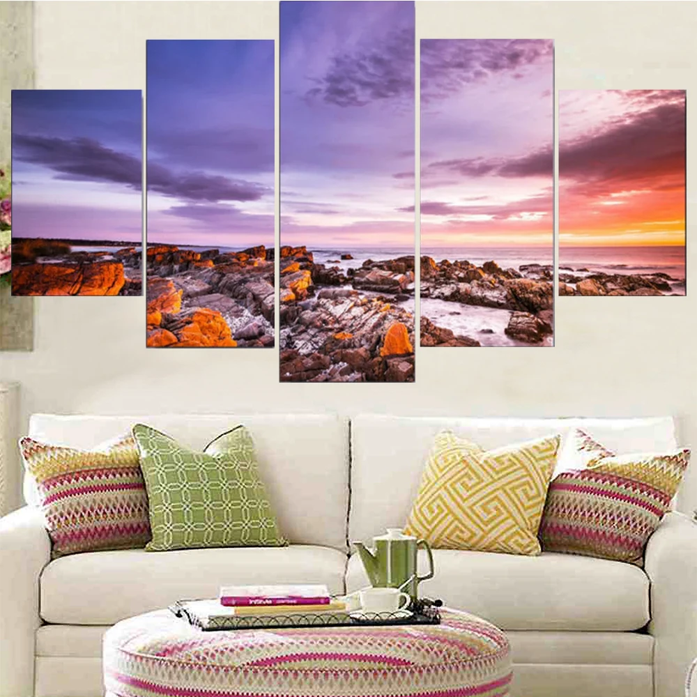 

5 Pieces Wall Art Canvas Painting Seascape Poster Sunset Beach Rocks Modern Living Room Modular Pictures Home Decoration