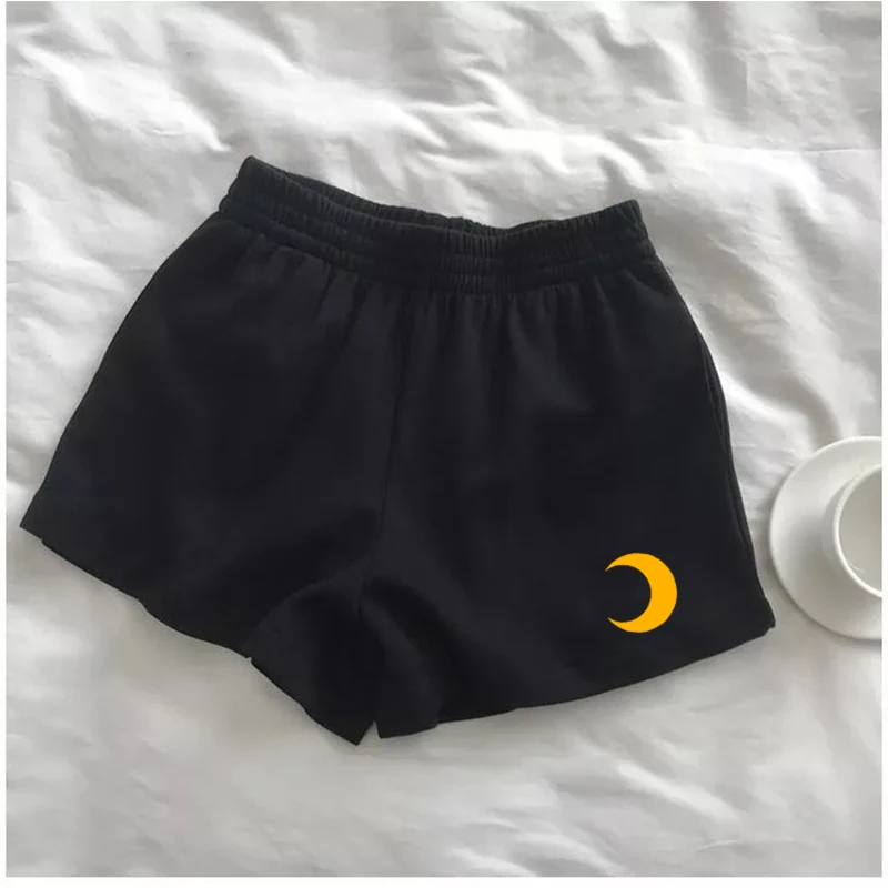 

Black Running Zomer Vrouwen Zakken Shorts Workout Wear Plus Size Bar Fiets Moon embroidery Losse Zachte Katoen Spandex Shorts