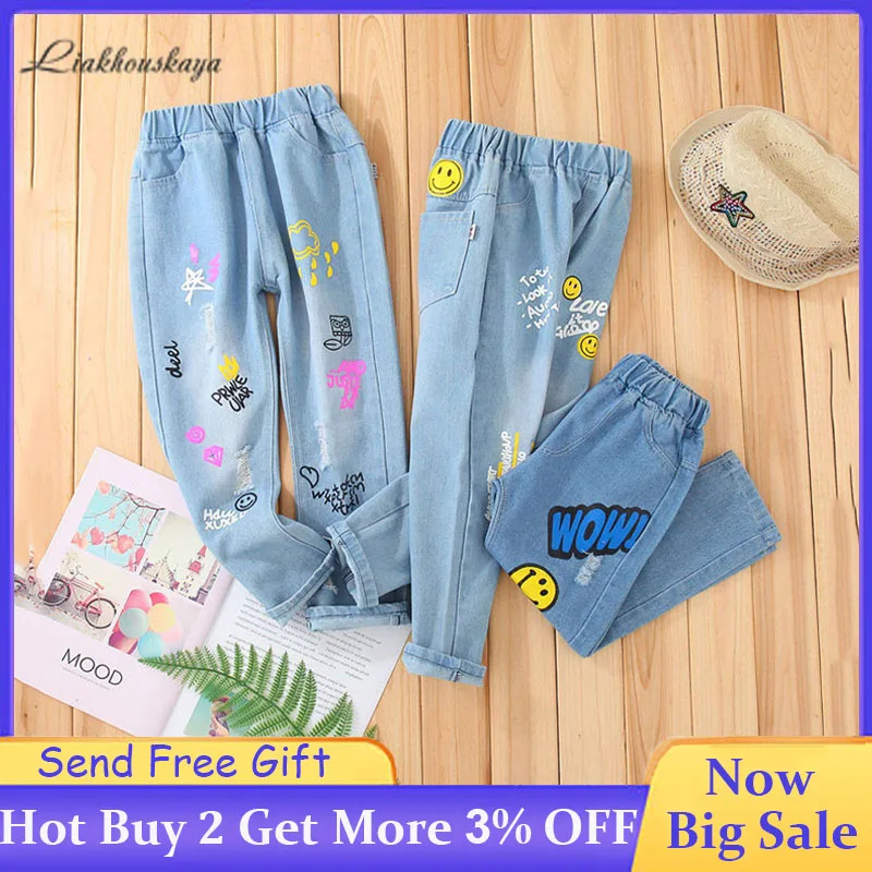 2020 джинсы для девочек на весну и осень модные брюки с мультяшным принтом медведя