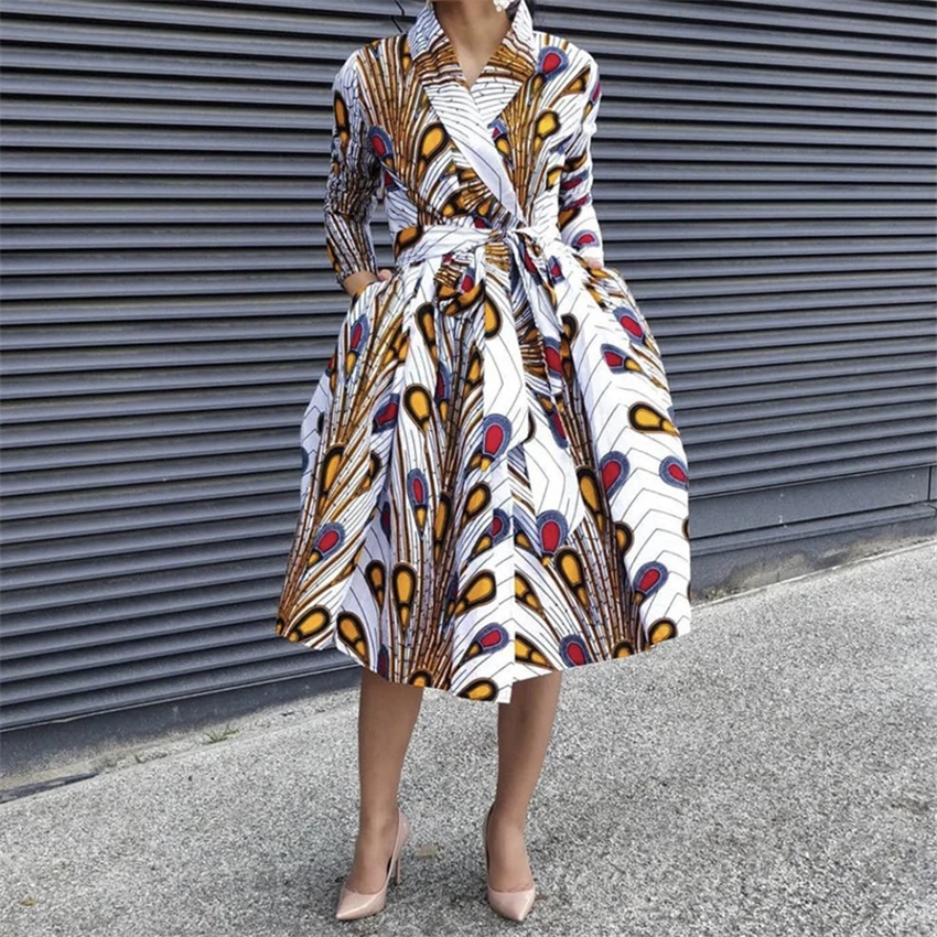 

African Dresses for Women 2020 News Ladies Kimono Dress Elegant Dashiki Print Fashion V-neck Lace Up Clothes Plus Size Clothing