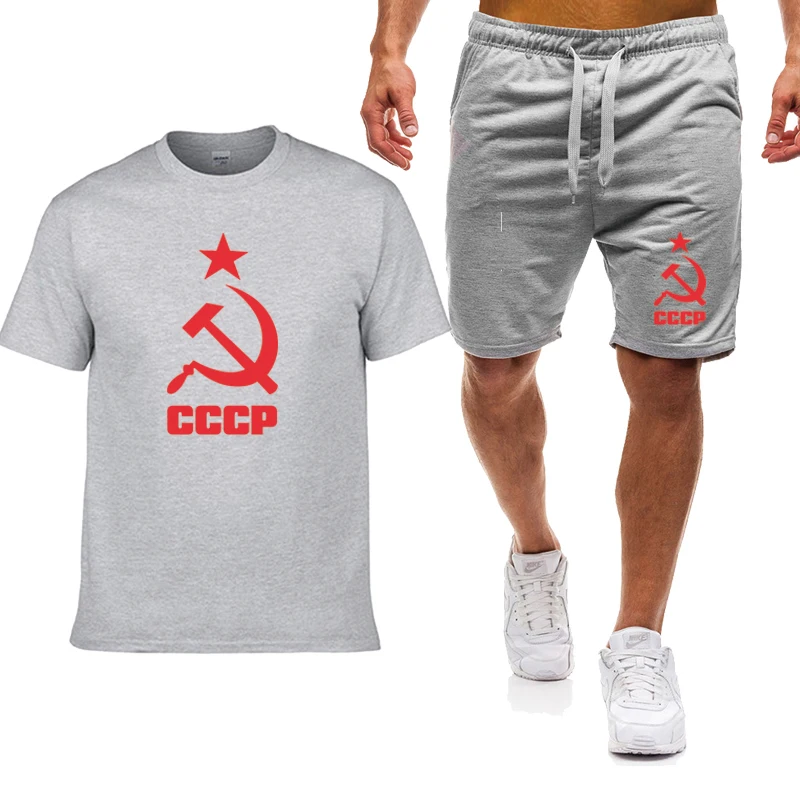 

Casual Men T-shirts CCCP Russian USSR Soviet Union Printing Summer high quality Fashion Men's T-shirt + shorts 2-piece set M