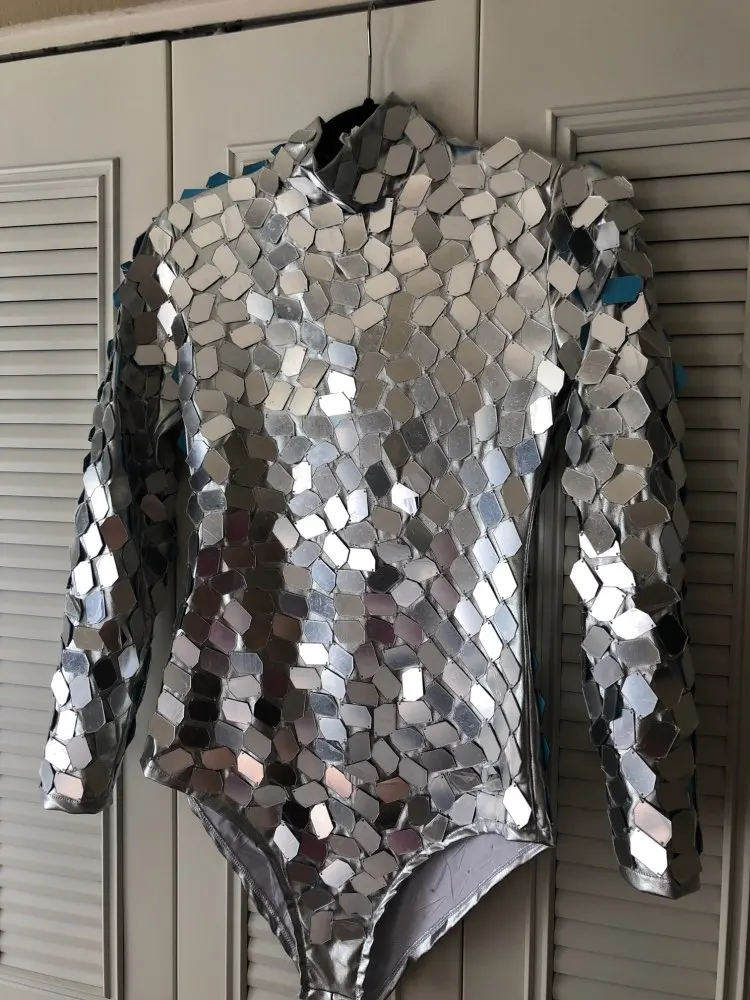 Silvery Mirrors Bodysuit Female Costume Sparkly Sequins Lens Skinny Jumpsuit Bar Nightclub Machine Dance Outfit Jazz Dance Wears