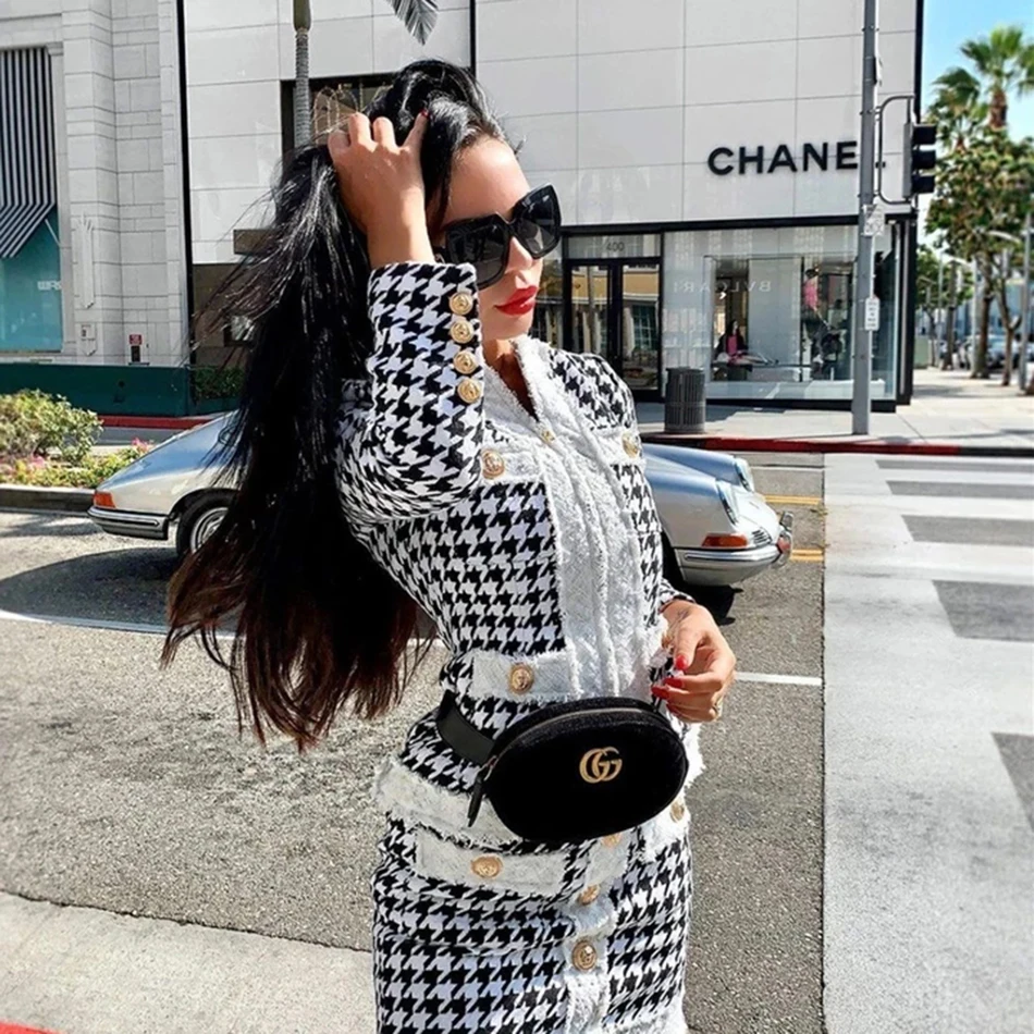 

High Quality Women'S Spring 2021 New Plaid Fashion 2 Two-Piece Set Sexy Casual Jacket And Mini Skirt Golden Button Party Set