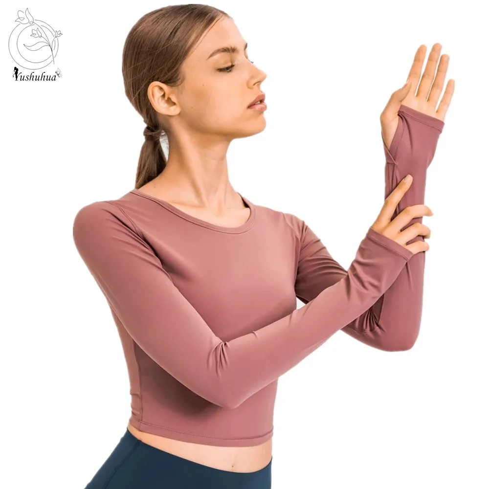 

Yushuhua Super Soft Performance Workout Yoga Long Sleeve Shirts Women Fitness Sport Cropped Long Sleeve Tops with Thumb Hole