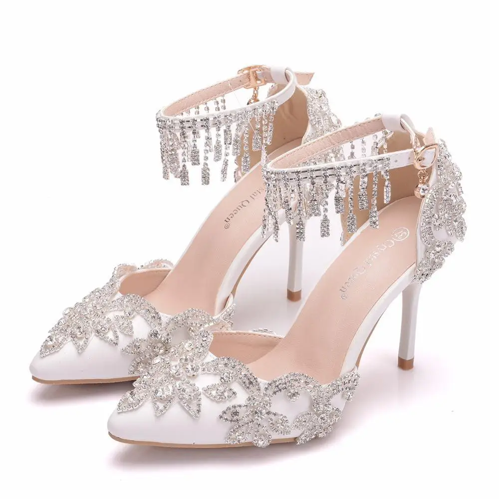 

Crystal Queen Women White Crystal Shoes Tassel Wristband Wedding Shoes Bride Shoes High Heels Sandals Female Dress Pumps