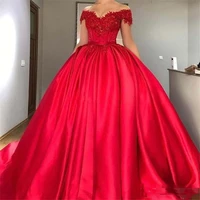 red prom dress modest off shoulder red ball gown quinceanera dresses appliques beaded satin corset lace up prom dresses sweet si