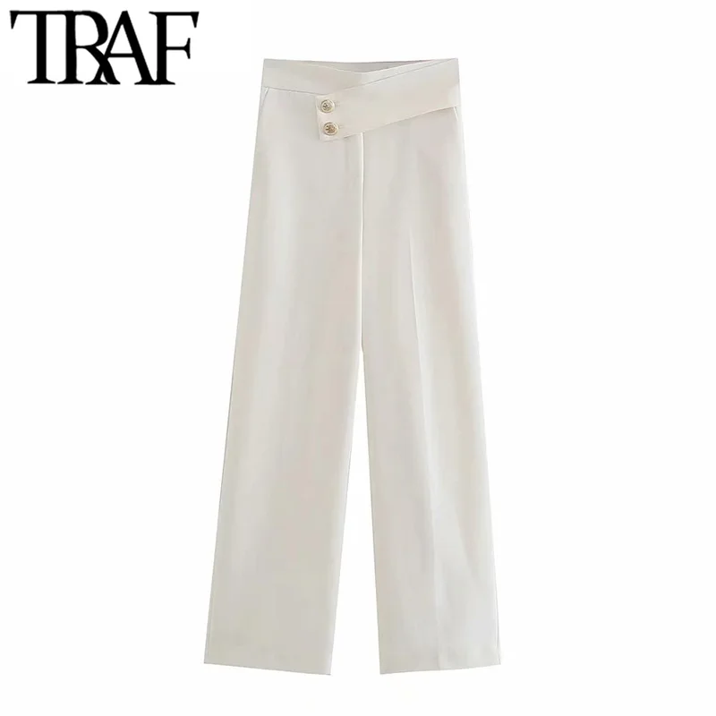 

TRAF Women Fashion Side Pockets Front Buttons Straight Pants Vintage High Waist Side Zipper Female Ankle Trousers Mujer