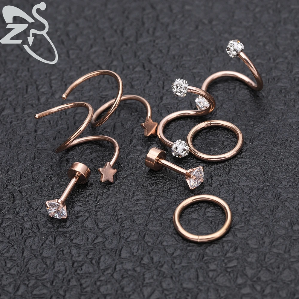 ZS 4 пара/лот Спиральные серьги хрящи циркониевые кольца для перегородки носа