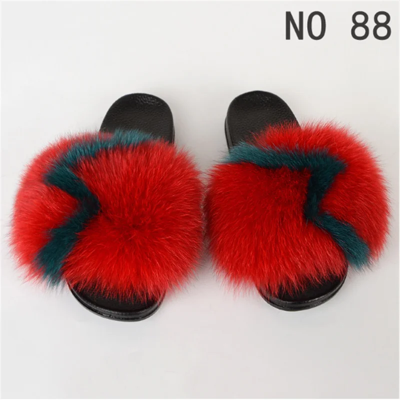 

Summer Sexy Female Fox Fur Slippers Furry flip-flops Woman fluffy Slides Multi Color Sandals fluffy flip flops Size EVA Shoes