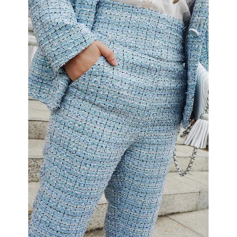 Женские повседневные брюки в стиле ретро Синие Клетчатые Брюки до щиколотки с