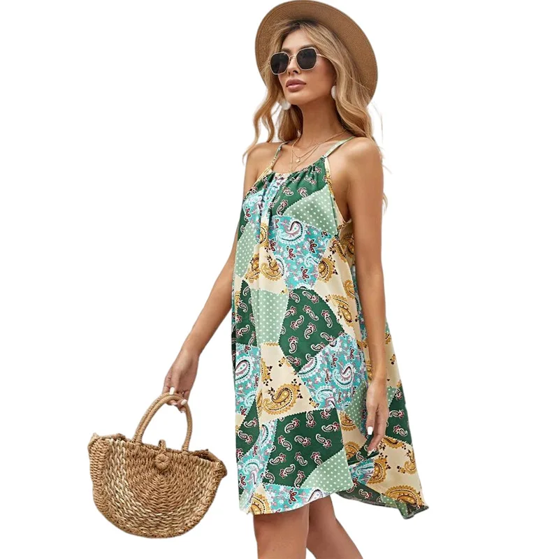 

2021 summer women's new print halter skirt, loose casual women dress