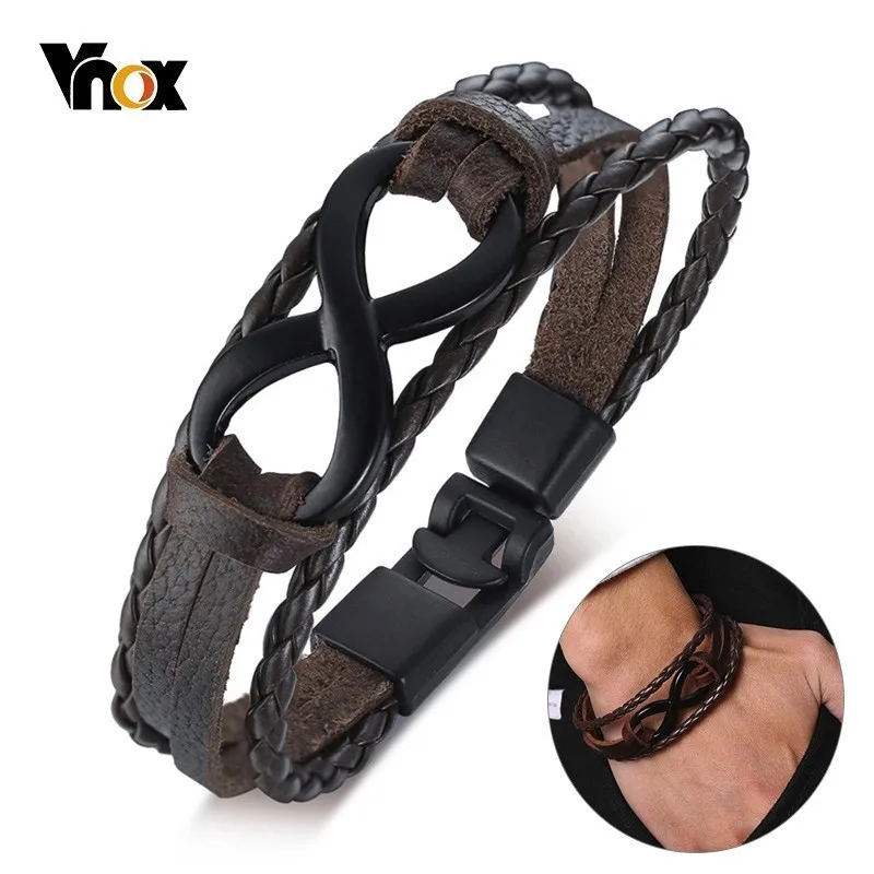 Винтажные мужские браслеты Vnox плетеные кожаные очаровательные 8 Infinity ювелирные